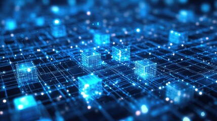 Poster - Abstract digital concept of a floating array of cubes, connected by glowing lines, illustrating the complexity of data and modern digital technology