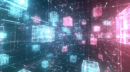 Poster - Abstract digital concept of a floating array of cubes, connected by glowing lines, illustrating the complexity of data and modern digital technology