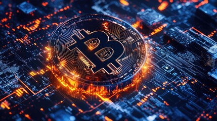 Aufkleber - Abstract illustration of Bitcoin and blockchain technology, with glowing blocks and digital data streams, symbolizing the future of digital currencies