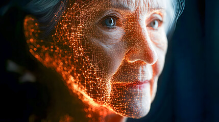 Poster - abstract representation of an elderly woman's face with illuminated lines and dots creating a digita