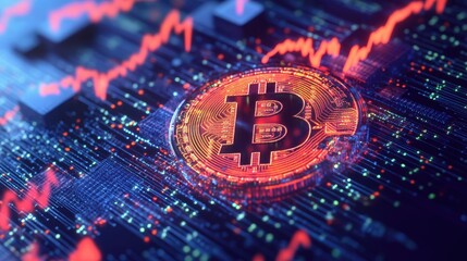 Aufkleber - Abstract illustration of Bitcoin and blockchain technology, with glowing blocks and digital data streams, symbolizing the future of digital currencies