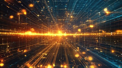 Poster - Abstract visual of AI technology with cubes floating in space, connected by glowing lines, symbolizing data processing and machine learning in the digital era
