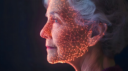 Poster - Profile of an elderly woman with digital network overlay representing technology and connection in modern society