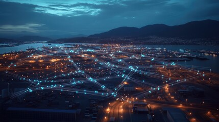 Poster - Aerial shot of a port with illuminated lines linking various terminals, representing the digital transformation of global trade and shipping