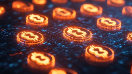 Poster - Abstract visualization of fintech and digital currencies, with glowing money symbols and blockchain networks representing modern financial technology