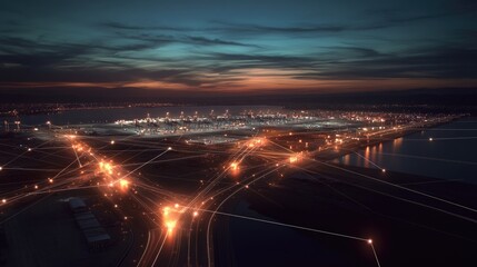 Poster - Aerial shot of a port with illuminated lines linking various terminals, representing the digital transformation of global trade and shipping