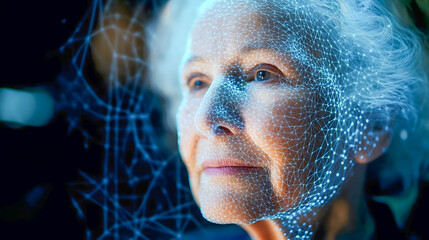 Poster - Futuristic Portrait of an Elderly Woman with Digital Network Overlay Symbolizing Technology and Connectivity