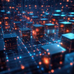 Poster - AI Innovation and Cloud Technology. Glowing Futuristic Cubes. Digital Network Flow. Data Cubes