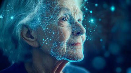 Poster - Portrait of an elderly woman with a digital overlay representing technology, AI, and future concepts of aging and wisdom