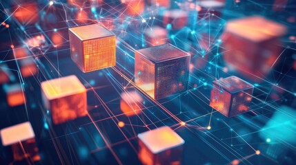 Poster - An abstract 3D image of a dynamic array of cubes, each illuminated with data patterns, symbolizing digital data flow and technology advancements