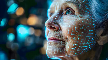 Poster - Portrait of an elderly woman with digital grid overlay representing technology and human connection in a futuristic setting