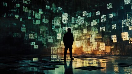 Poster - An abstract image of a suspicious hacker in a dark room, surrounded by floating digital codes, representing identity theft and cybercrime activities