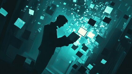 Poster - An abstract image of a suspicious hacker in a dark room, surrounded by floating digital codes, representing identity theft and cybercrime activities