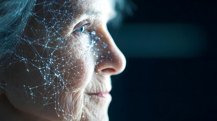 Poster - Elderly Woman's Profile with Digital Patterns Representing Data, Technology, and Connectivity Innovations