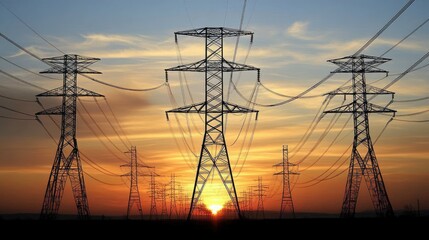 Poster - An image of high-voltage power transmission lines against a sunset backdrop, symbolizing the critical role of electricity in modern life and infrastructure