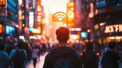Poster - An outdoor seminar about the risks of public Wi-Fi, held on a busy city street at dusk, with a crowd gathered for a discussion on internet security
