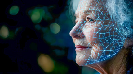 Poster - Futuristic Visualization of Aging Face with Digital Grid Overlay Representing Technology and Human Emotion