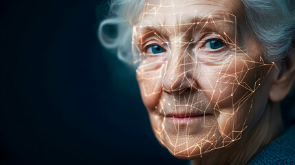 Poster - Portrait of an Elderly Woman with Digital Face Mapping Technology Showcasing Age and Wisdom in a Modern Artistic Style