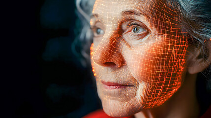 Poster - Digital Representation of an Elderly Woman's Face with Geometric Lines and Grid Overlay Effect Highlighting Facial Features