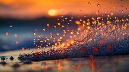 Poster - Close-up of water droplets splashing as they are hit by ocean waves, reflecting sunlight, with dynamic motion in the shot