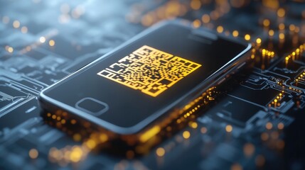 Aufkleber - Conceptual 3D render of a smartphone displaying a yellow QR code, symbolizing the evolution of digital payments and the future of communication services