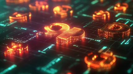 Poster - Digital representation of CBDC technology, with glowing currency symbols and blockchain networks, illustrating the next evolution of central banking