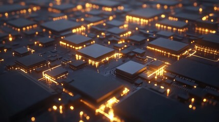 Poster - High-tech 3D rendering of interconnected microchips, with intricate circuits and glowing lines, representing the future of technology