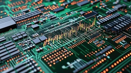 Poster - High-tech image of a stock market candlestick chart overlaying a computer circuit board, symbolizing digital finance and trading platforms