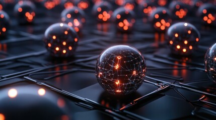 Poster - High-tech visualization of AI cubes and spheres connected through glowing networks, representing the advanced nature of artificial intelligence and its capabilities