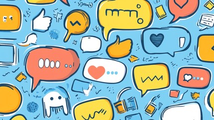 Poster - Illustration of internet and social media speech bubbles, featuring hashtags, likes, and comments, showing the modern virtual communication landscape