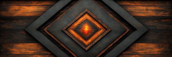 Glowing ember in nested dark wood and metal diamond frame.