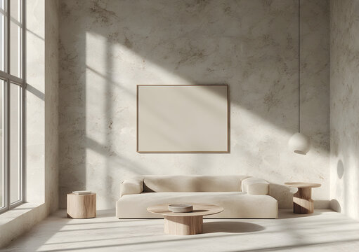 A minimalist living room with an empty frame on the wall, featuring soft beige and white tones. The space includes marble accents for elegance, large windows allowing natural light to illuminate 