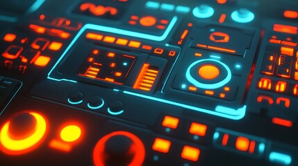 Futuristic control panel glows, spaceship interior, sci-fi background, tech design