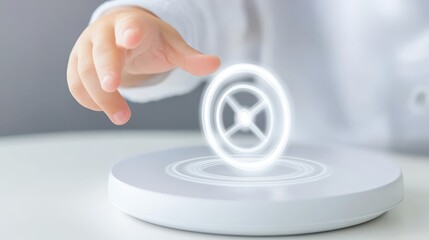 Poster - closeup of hand engaging a button on pristine white control panel