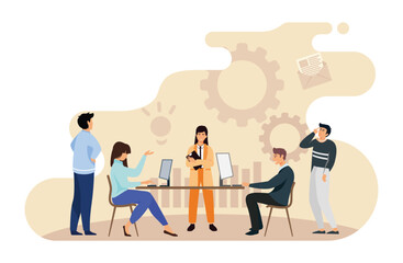 Poster - Company employees planning task and brainstorming. People sharing ideas and meeting.