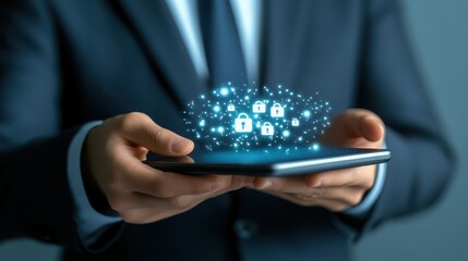 Businessman in suit utilizes tablet, visualizing cloud of houses symbolizing real estate concepts and property management.