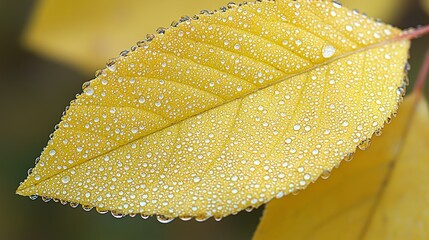 Canvas Print - Close-up of a yellow leaf with dew drops glistening