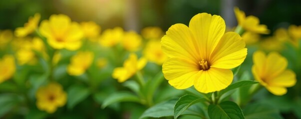 Wall Mural - sunny yellow petunia flowers blooming in a lush green garden, garden, yellow