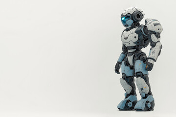 Poster - Futuristic White and Blue Humanoid Robot with Illuminated Visor on a White Background