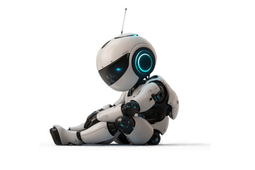 Poster - Futuristic White AI Robot with Blue Accents Sitting Thoughtfully on a White Isolated Background
