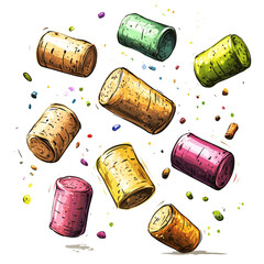 Aufkleber - A vibrant illustration depicts multiple colorful wine corks falling dynamically against a black background, creating a celebratory atmosphere.