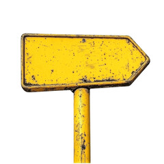 Poster - A close-up image of an old, weathered yellow arrow sign mounted on a rusty pole; the sign is blank.