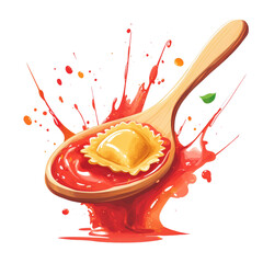 Poster - A single ravioli in rich tomato sauce is dramatically displayed on a wooden spoon with a vibrant sauce splash.