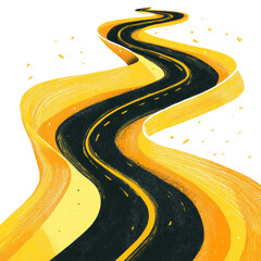 Poster - An abstract illustration depicts a winding yellow road with black stripes against a dark background suggesting a journey or path.