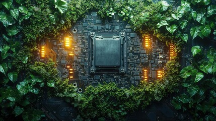 Poster - Lush Greenery Enveloping a Technological Circuit Board