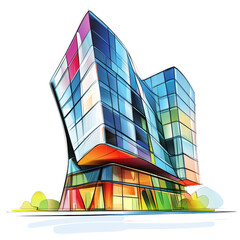 Aufkleber - A stylized illustration showcases a modern building with a vibrant glass facade and an abstract architectural design.