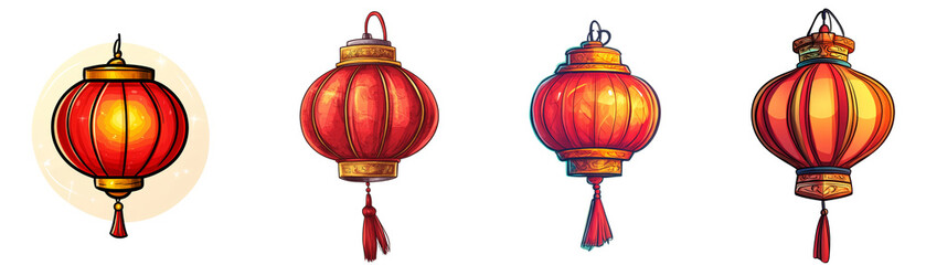 Aufkleber - An illustration showcasing four variations of a traditional red Chinese lantern, each with unique design details.