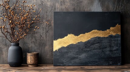 Wall Mural - Gold leaf abstract art on dark canvas with autumn branches in vase.