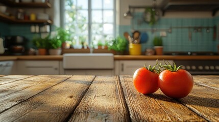 Rustic kitchen table, two tomatoes, sunny day, plants, food blog