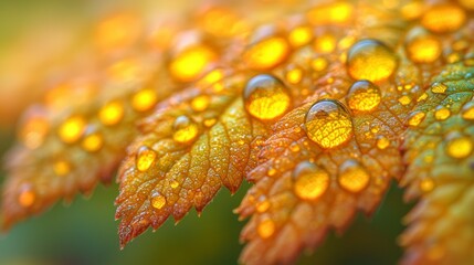 Canvas Print - Close-up of dew-covered autumn leaves glistening